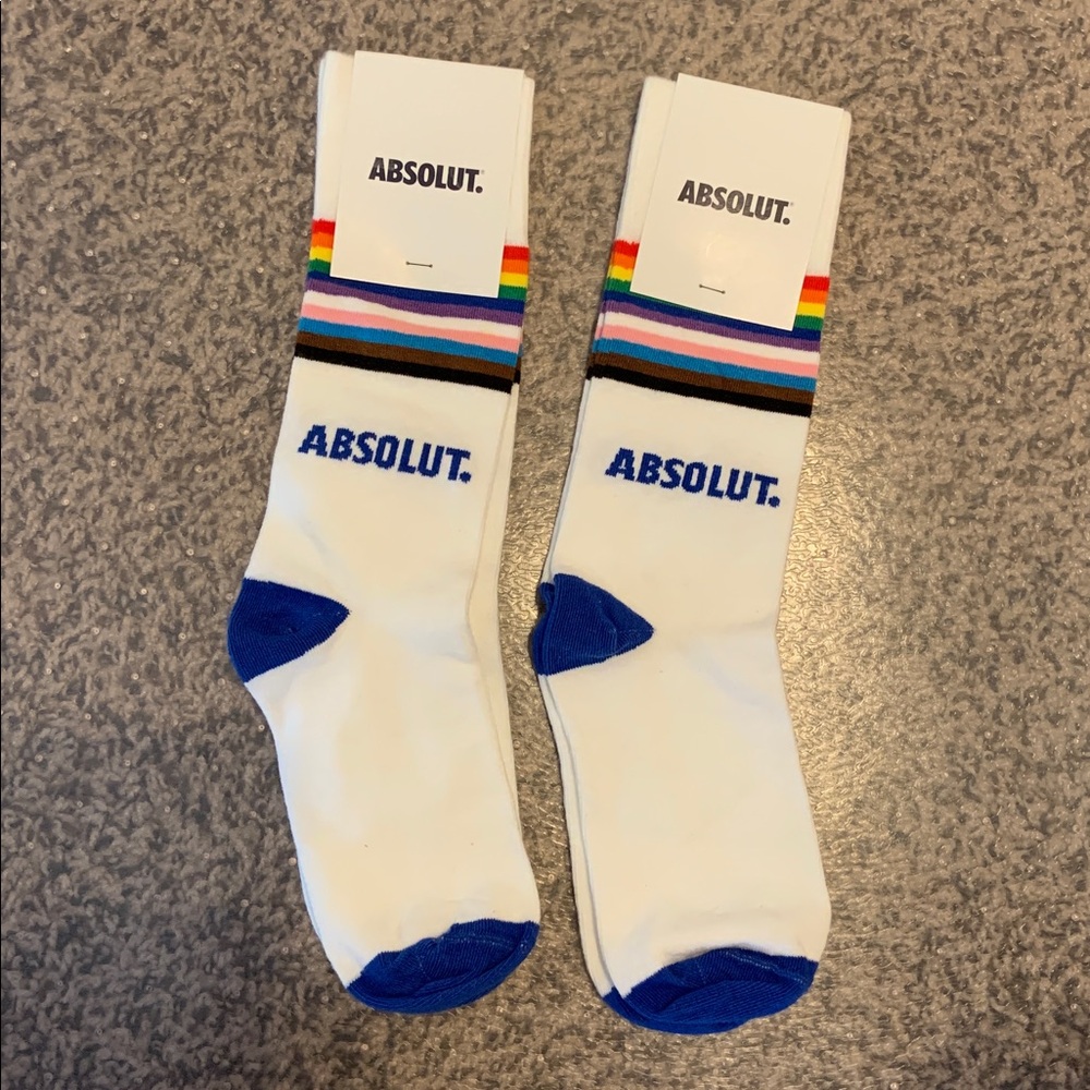 Absolut White and Blue Socks with Rainbow Stripes